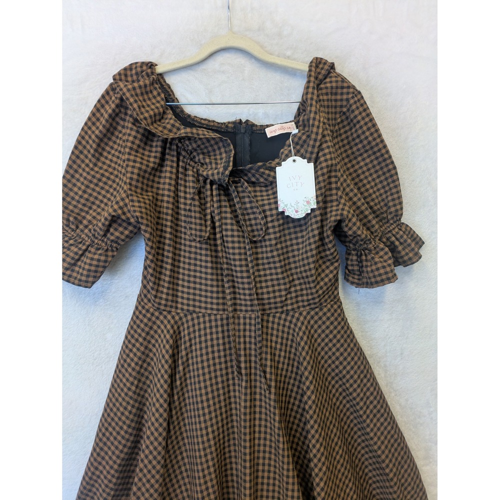 Ivy City Co Maple Women's Brown Gingham Check Midi Dress Size 2 NWT - Picture 3 of 14